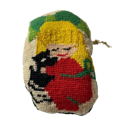Vintage Needlepoint Ornament Girl With Scotty Dog Wind Up Music Jingle Bells - Picture 3 of 12